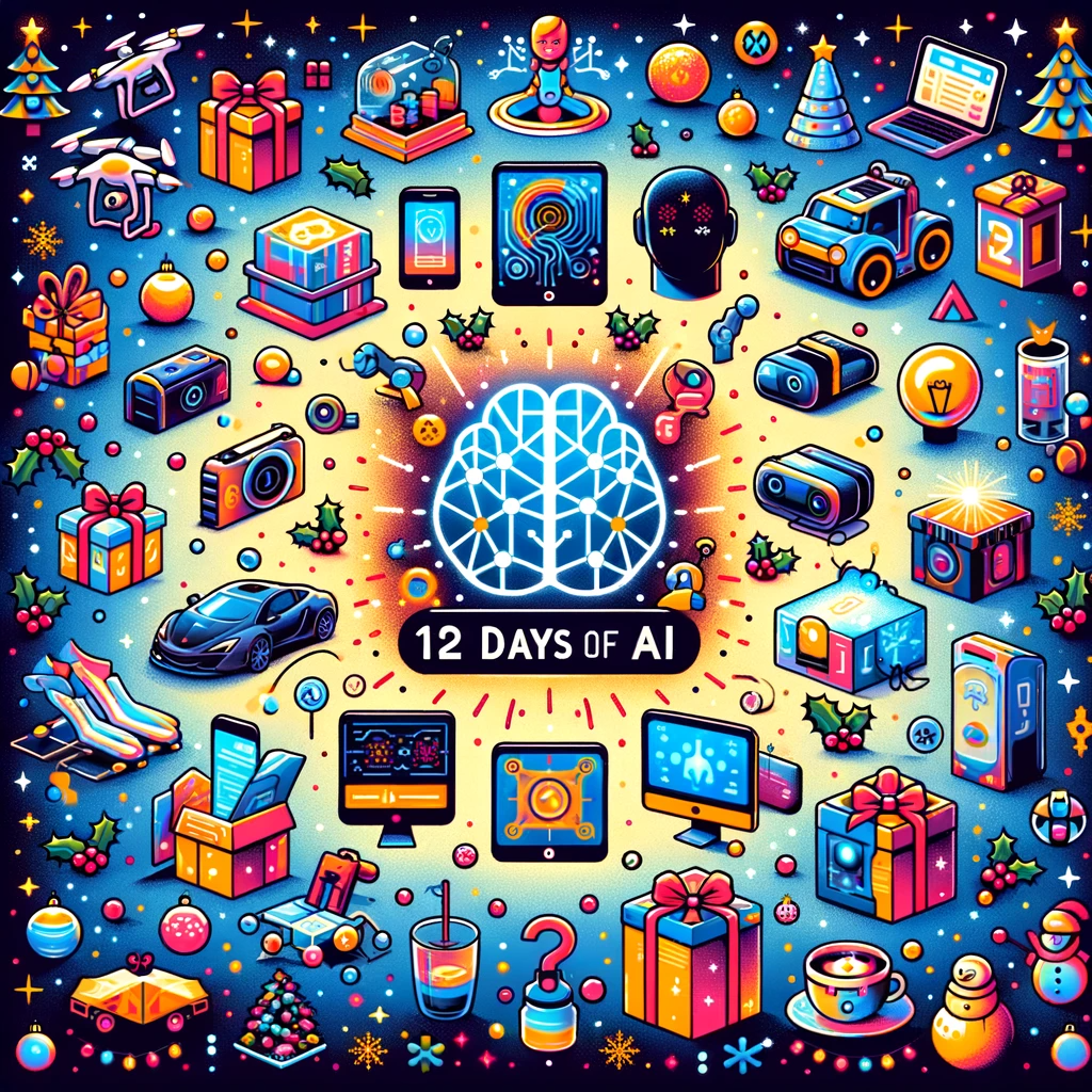 DALL-E generated image with 12 Days of AI text under a line drawing of a brain, surrounded by illustrations of gifts such as phones, toy trucks, present boxes