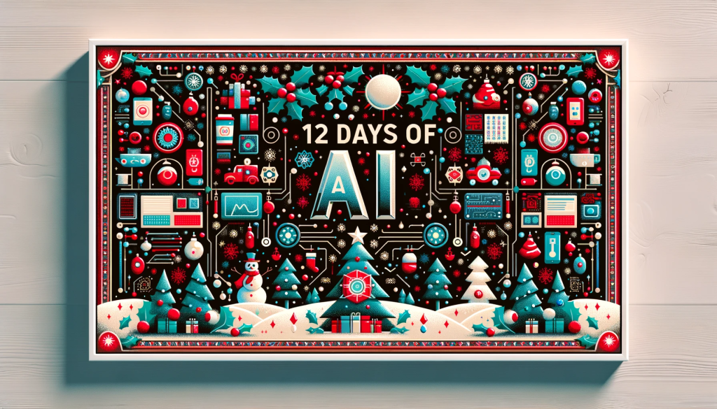 DALL-E generated image with text 12 Days of AI and winter themed illustrations including trees, snow and gifts