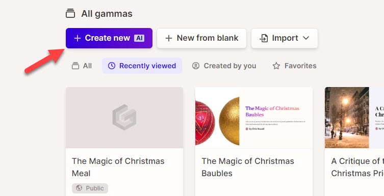 On Gamma's website, you should choose Create New AI to create a new video.