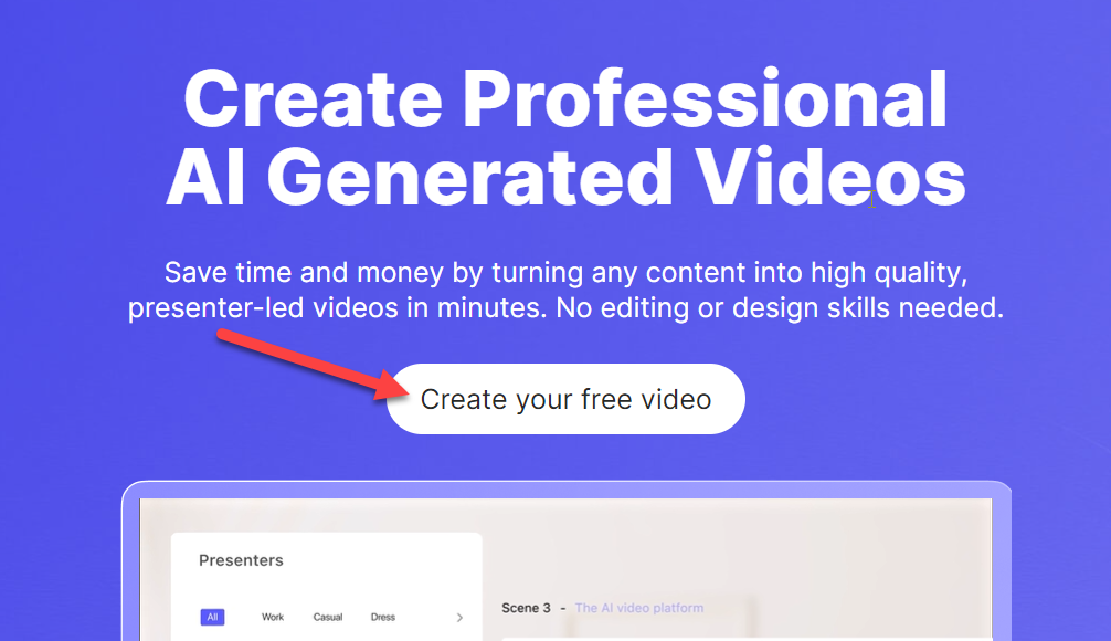 screenshot of HourOne page reading: create professional AI generated videos - Create your free video